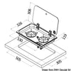 SS hob unit w/tinted glass cover 2 burners recess 119 mm