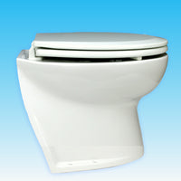 14" DELUXE FLUSH ELECTRIC TOILET Sea or river water flush models, 12 volt dc Angled back for easy mounting against a sloping surface. - Jabsco 58260-1012