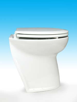 DELUXE  FLUSH ELECTRIC TOILET Fresh water flush models, 12 volt dc Angled back for easy mounting against a sloping surface. - Jabsco 58020-1012