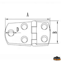 AISI 316 stainless steel hinge  57x38 mm - A mm 57 - B mm 38 - D mm 5.5 - Thickness mm5 - Model								

								Straight [M3557038]