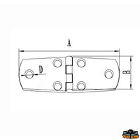 AISI 316 stainless steel hinge 101x38 mm - A mm 101,6 - B mm 38,1 - D mm 5.5 - Thickness mm5 - Model								

								Straight [M3538101]