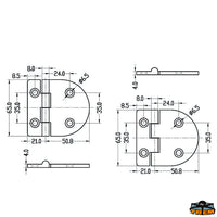 AISI 316 stainless steel hinge 71x65 mm. - Thickness 4 mm - Reversed model - Dimensions 71x65 mm [M3571165]