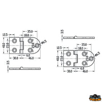 AISI 316 stainless steel hinge 76x40 mm. - Thickness 4 mm - Reversed model - Dimensions 76x40 mm [M3576140]