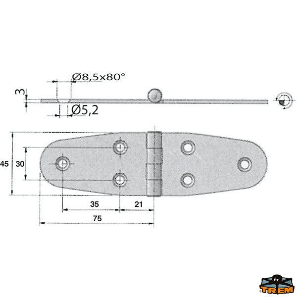 AISI 316 stainless steel hinge 150x45 mm. Trem M3501720