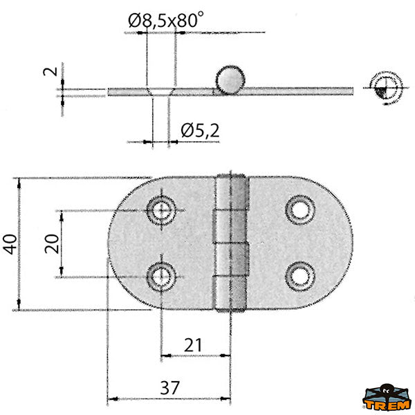 AISI 316 stainless steel hinge 74x40 mm Trem M3552570