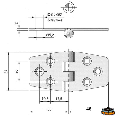AISI 316 stainless steel hinge 84x37 mm Trem M3575037