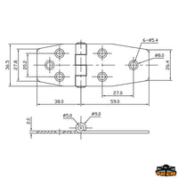 AISI 316 stainless steel hinges 36,5x97 mm straight model - Thickness 2mm - Mode. Right - Dimensions 36.5x97 mm [M3536097]