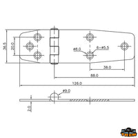 AISI 316 stainless steel hinges 36,5x126 mm straight model - Thickness 2mm - Mode. Right - Dimension 36.5x126 mm [M3536126]
