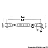 Turnbuckle w. 2 articulated jaws AISI 316 8 mm