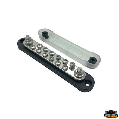 Busbar 12xM4 - 2xM6 150A - Black model - Dimensions mm 150 x 28 x h 35 - Wheelbase 134 mm [L0612202]