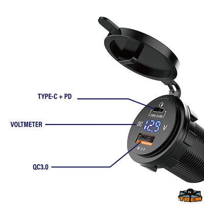 USB 3.0 and PD/Type C socket with digital voltmeter - Black colour - Output 4,2A [L0610652]