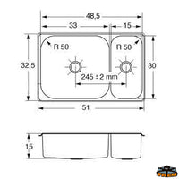 Double sink - Dimensions mm (external) 520x320 - 330x300 + 150x300 tanks - H mm 155 [Z0852320]