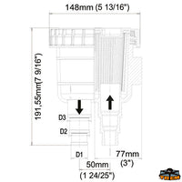 Bilge pump filter suggested pipe 13 mm - Ø Outlet connection mm D1: 12.7 (1/2”) - Suggested tube Ø 13 mm - Suggested flow rate 23L/min. 6 GMP US [N0100151]