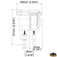 Bilge pump filter suggested pipe 25 mm - Ø Outlet connection mm D1: 25.4 (1”) - Suggested tube Ø 25 mm - Suggested flow rate 91L/min. 24 GMP US [N0101191]