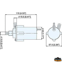 Pump for sink and shower 12V 400 Lt/h - Volts 12 - Amp 1,5 - Lt/H 400 - Prev. mt2 - Outlet Ø mm								

								10 - Dimensions 115xØ45 mm [P1606302]