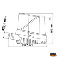 Bilge pump flow rate 12V 5676 Lt/h - Volts 12 - Amp 9 - Flow rate Lt/h 5676 - Prev. mt4 - Dimensions mm								

								191x108x150H - Tube Ø 30 mm [P0212615]