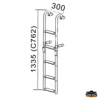 Folding boarding ladder for transom 5 steps - Steps 2 + 3 = 5 - Length 1335 mm - Width 300 mm - Wheelbase mm280 [S0530005]