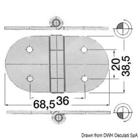 SS hinge w/studs reversed pin 68.5x38.5 mm