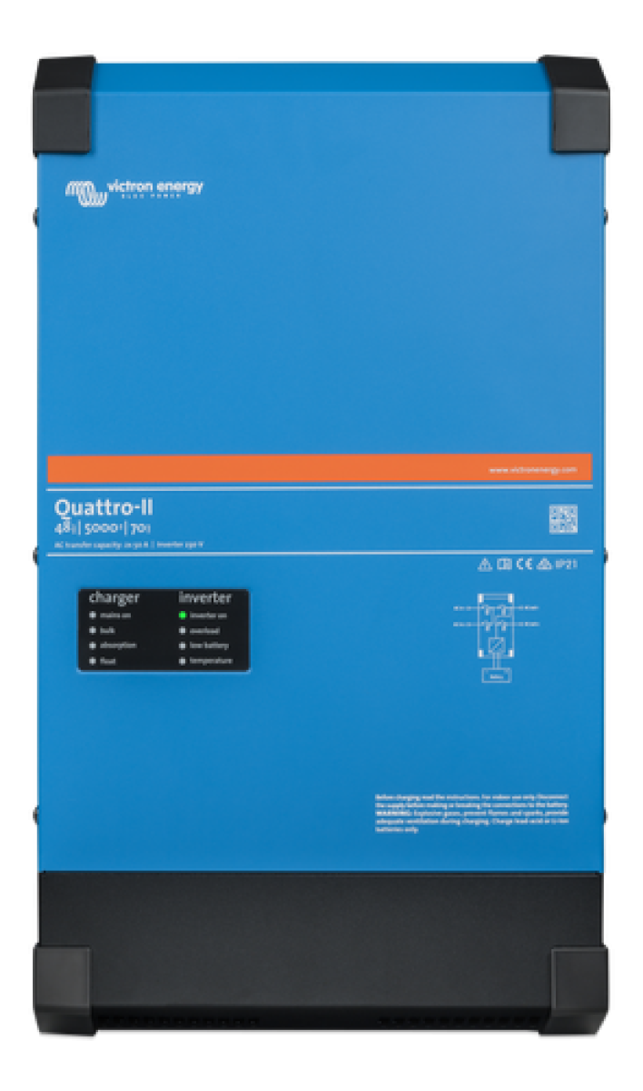 Victron Quattro II Sine wave Inverter/Charger. 48 volt 5000va inverter with 70 amp charger - c/w 2x 50A transfer relays