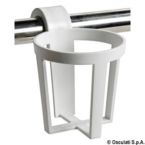 Plastic universal glass holder for snap-in mounting on pulpits and handrails