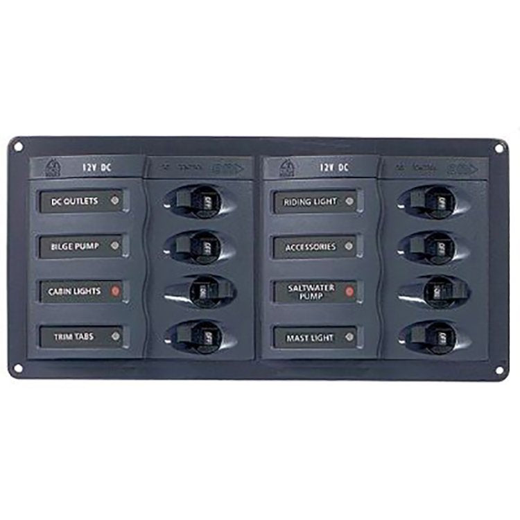 BEP CBrkr Pnl DC 12V 8X Sgl Pole 2 x 5A 2 x 10A 3 x 15A 1 x 20A Horizontal W/DC Color System Monitor (DCSM)