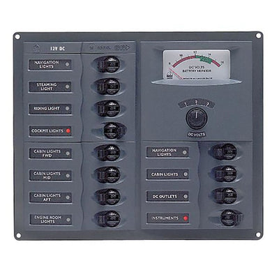BEP CBrkr Pnl DC 24V 12X Single Pole 3 x 5A 4 x 10A 4 x 15A 1 x 25A W/ Analog VoltMeter & Ammeter