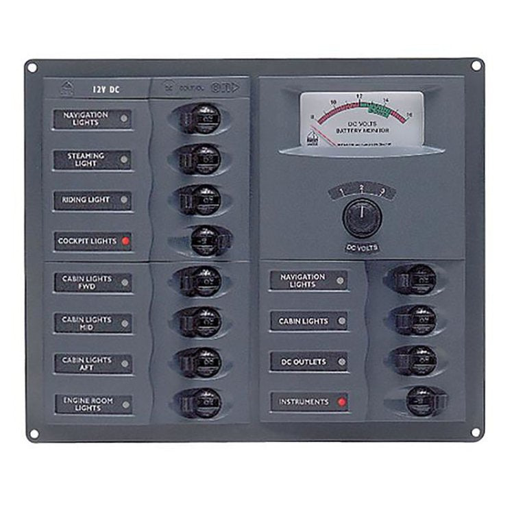BEP CBrkr Pnl DC 24V 12X Single Pole 3 x 5A 4 x 10A 4 x 15A 1 x 25A W/ Analog VoltMeter & Ammeter