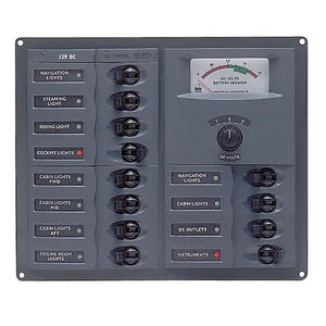 BEP CBrkr Pnl DC 24V 12X Single Pole 3 x 5A 4 x 10A 4 x 15A 1 x 25A W/ Analog VoltMeter & Ammeter