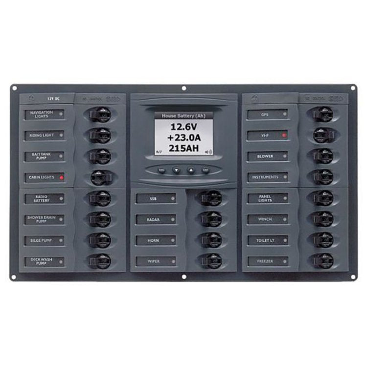 BEP CBrkr Pnl DC 24V 20X Single Pole 5 x 5A 6 x 10A 7 x 15A 1 x 20A 1 x 30A W/ Analog VoltMeter & Ammeter