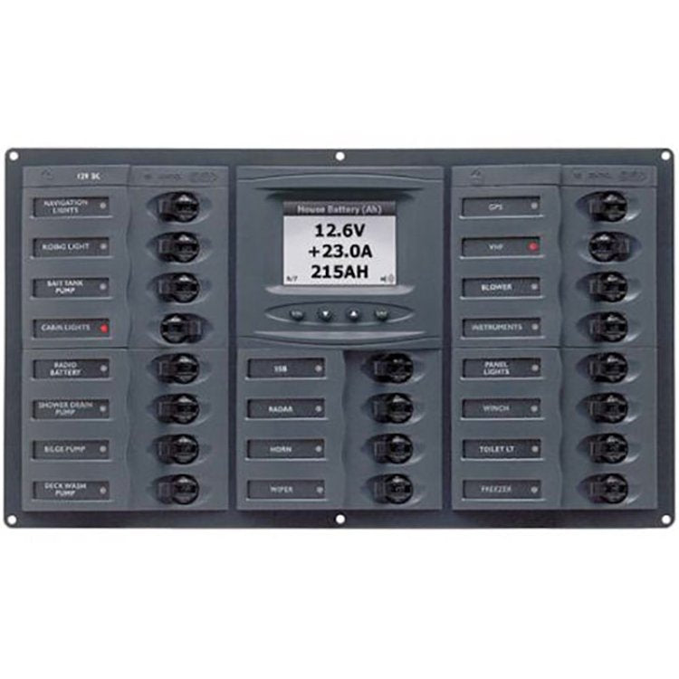 BEP CBrkr Pnl DC 12V 20X SPole 5 x 5A 6 x 10A 7 x 15A 1 x 20A 1 x 30A Vertical W/DC Color Sys Monitor (DCSM)