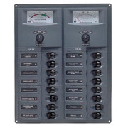 BEP CBrkr Pnl DC 24V 16X Single Pole 4 x 5A 5 x 10A 5 x 15A 1 x 20A 1 x 25A W/ Analog VoltMeter & Ammeter