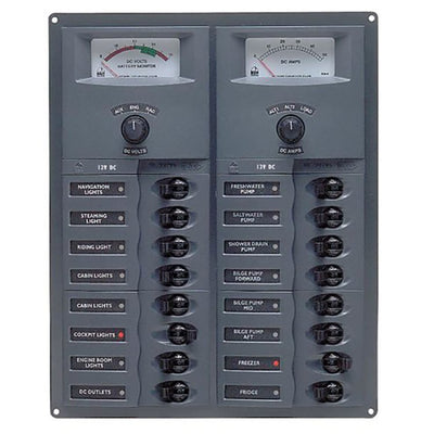 BEP CBrkr Pnl DC 24V 16X Single Pole 4 x 5A 5 x 10A 5 x 15A 1 x 20A 1 x 25A W/ Analog VoltMeter & Ammeter