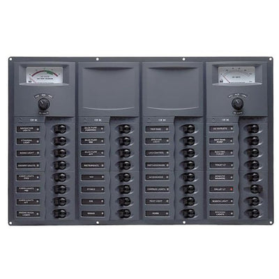 BEP CBrkr Pnl DC 24V 32X Sgl Pole 7 x 5A 11 x 10A 11 x 15A 1 x 20A 1 x 25A 1 x 30A W/Analog VoltMeter & Ammeter