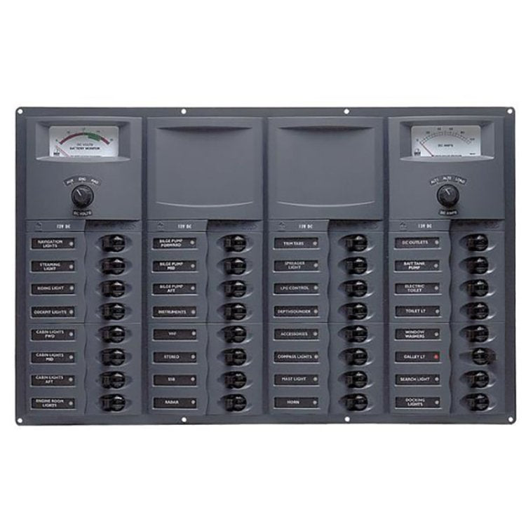 BEP CBrkr Pnl DC 24V 32X Sgl Pole 7 x 5A 11 x 10A 11 x 15A 1 x 20A 1 x 25A 1 x 30A W/Analog VoltMeter & Ammeter