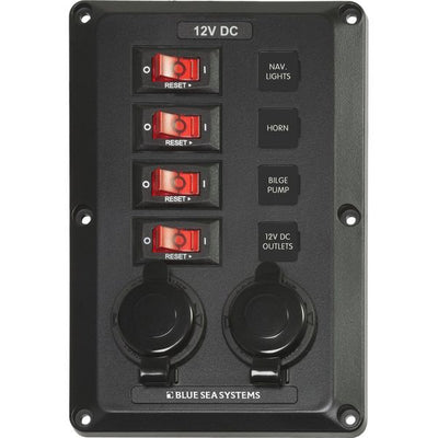 Blue Sea Below Deck Circuit Breaker Panel (12V / 4-Way / 2 Sockets)