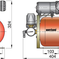 VETUS pressurized water system, 24V, 8lt tank, adjustable pressure switch and gauge (HYDRF24)