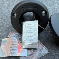 DECK FILLER ASSY 1 1/2" HOSE BLACK NYLON FUEL,GAS,DIESEL,PETROL,WASTE,WATER  DUAL LABELS