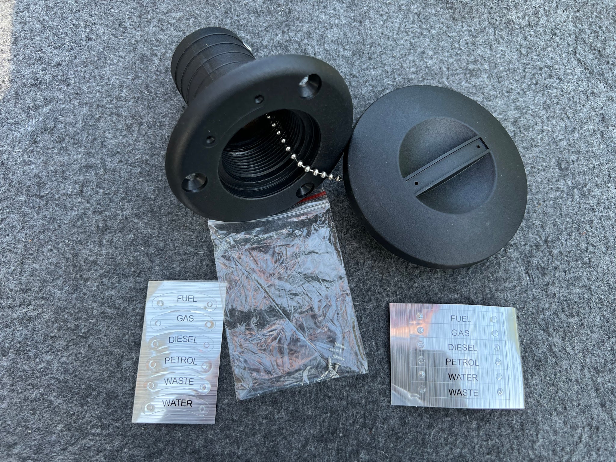 DECK FILLER ASSY 1 1/2" HOSE BLACK NYLON FUEL,GAS,DIESEL,PETROL,WASTE,WATER  DUAL LABELS