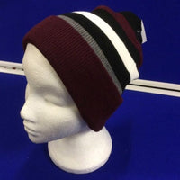 Reversible Beanie Hat Double Lined - 4 Designs in One - Burgundy (RED) /Grey/White/Black Striped one side