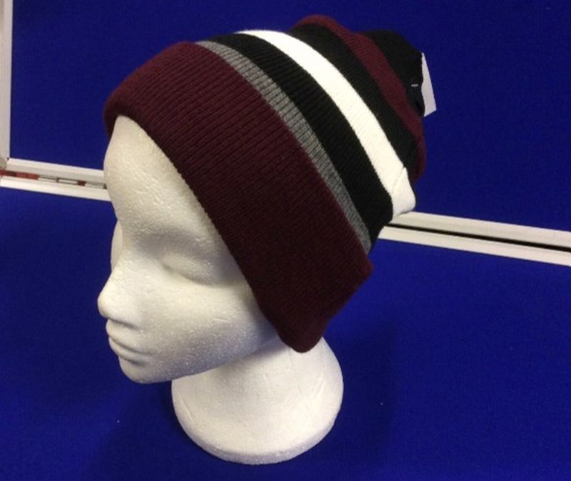 Reversible Beanie Hat Double Lined - 4 Designs in One - Burgundy (RED) /Grey/White/Black Striped one side