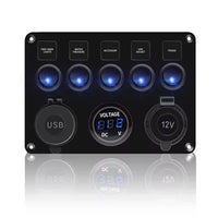 5 Gang Switch Panel with LED indication and rocker switches 12v/24v