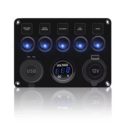 5 Gang Switch Panel with LED indication and rocker switches 12v/24v