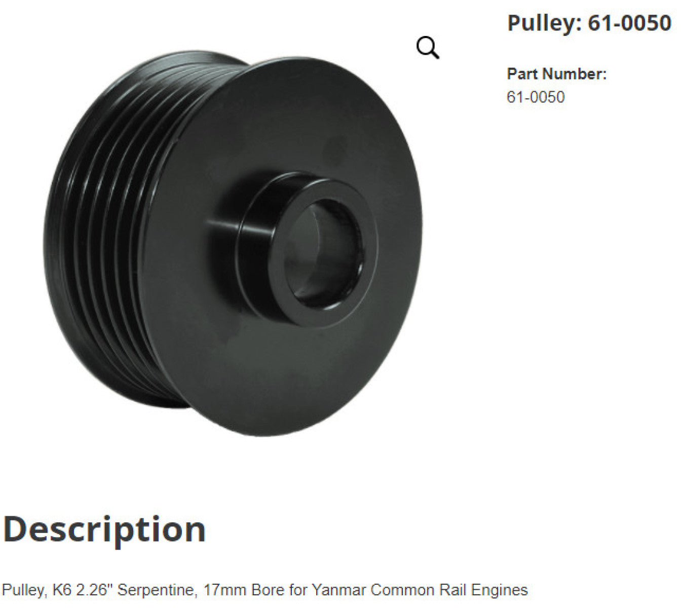 Pulley, K6 2.26" Serpentine, 17mm Bore for Yanmar Common Rail Engines