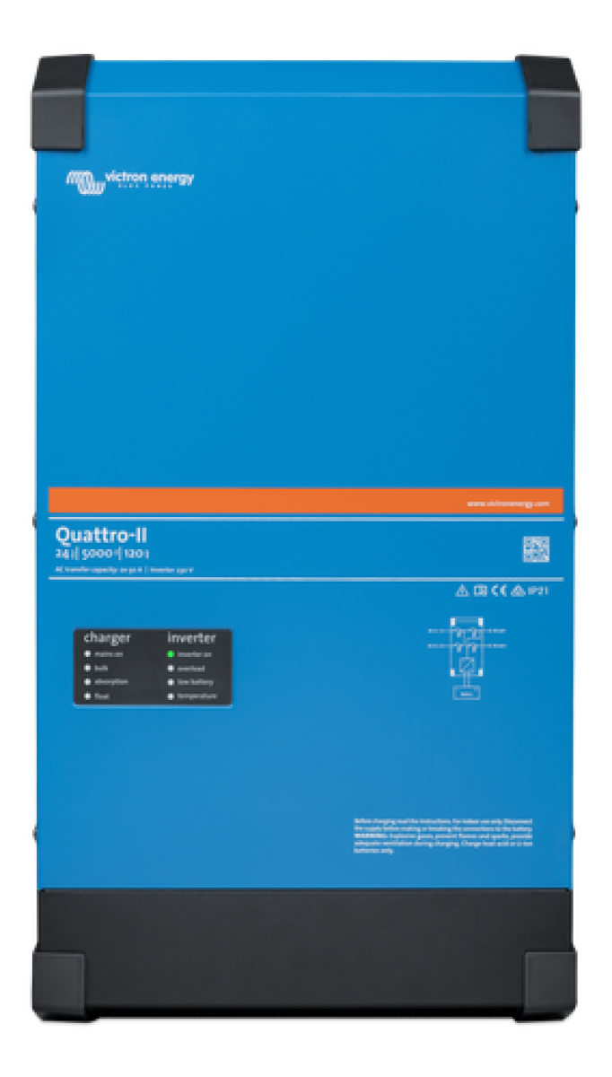 Victron Quattro II Sine wave Inverter/Charger. 24 volt 5000va inverter with 120 amp charger - c/w 2x 50A transfer relays.