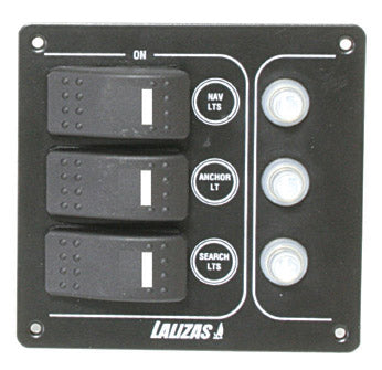 Switch Panel ''SP3 Offshore'',3 waterproof switches w/ bulb /3 Reset fuses,Inox,12V,115x110mm, Blacκ by Lalizas
