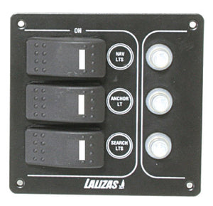 Switch Panel ''SP3 Offshore'',3 waterproof switches w/ bulb /3 Reset fuses,Inox,12V,115x110mm, Blacκ by Lalizas