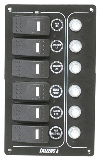 Switch Panel ''SP6 Offshore'',6waterproof switchesw/ bulb and 6 Reset fuses, Inox,12V,115x194mm,Black by Lalizas