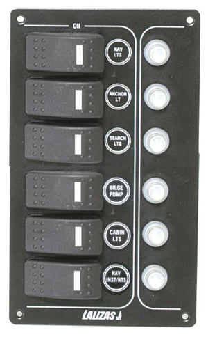 Switch Panel ''SP6 Offshore'',6waterproof switchesw/ bulb and 6 Reset fuses, Inox,12V,115x194mm,Black by Lalizas