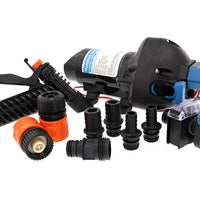 Hotshot 3' Pressure-controlled self-priming washdown diaphragm pump 12v 12 volt d.c., supplied with inlet strainer, 1/2" and 3/4" hose barb port fittings, 3/4" GHT port fitting & trigger nozzle  (Jabsco 32305-5012-3A)