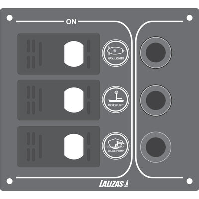 Switch Panel ''SP3 Offshore'',3 waterproof switches w/ bulb /3 Reset fuses,Inox,12V,115x110mm, Blacκ by Lalizas